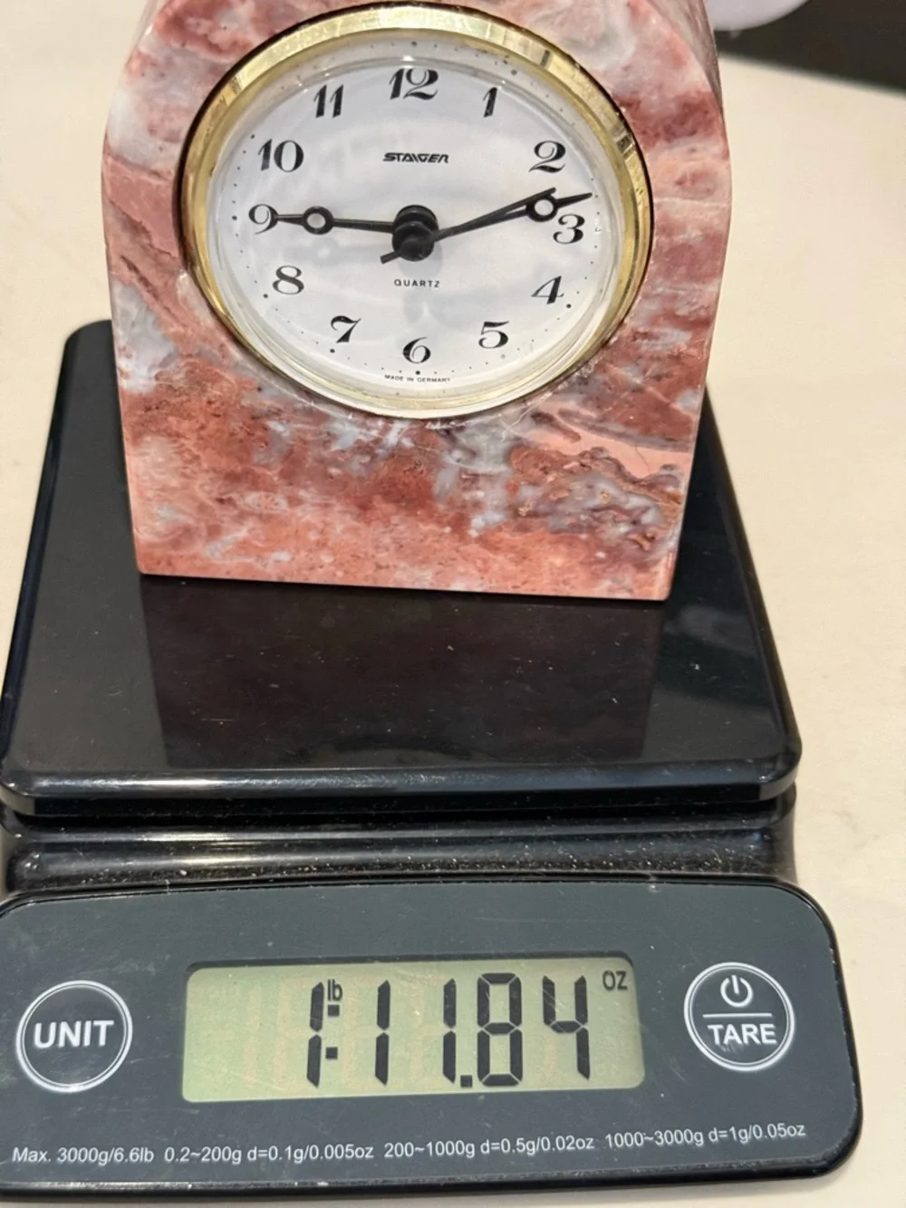 Vintage PINK GENUINE MARBLE STONE‎ DESK TOP/TABLE CLOCK  Steiger Quartz Germany